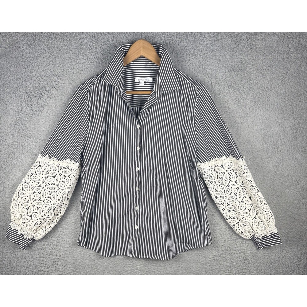 Chico's Poplin Dark Gray White Stripe Crochet Sleeve Cotton Blend Shirt Size 12